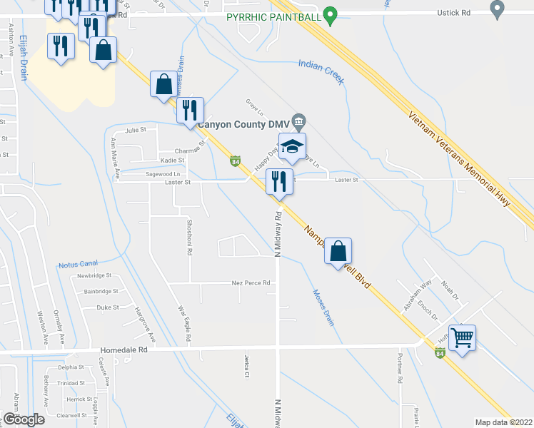map of restaurants, bars, coffee shops, grocery stores, and more near 5018 Midway Road in Caldwell
