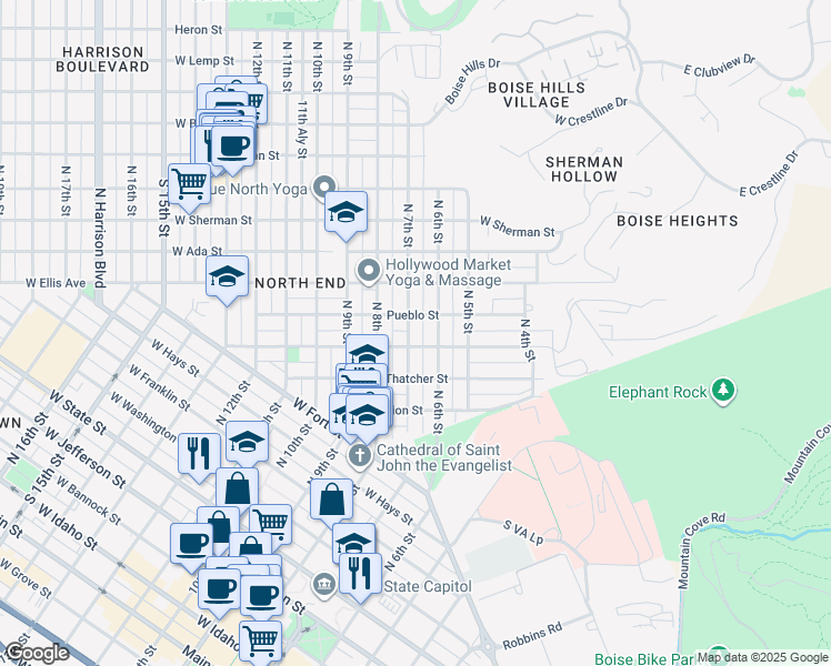 map of restaurants, bars, coffee shops, grocery stores, and more near 1208 North 7th Street in Boise