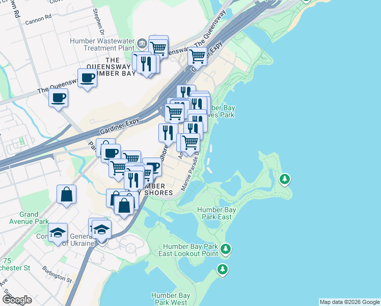 map of restaurants, bars, coffee shops, grocery stores, and more near 110 Marine Parade Drive in Toronto