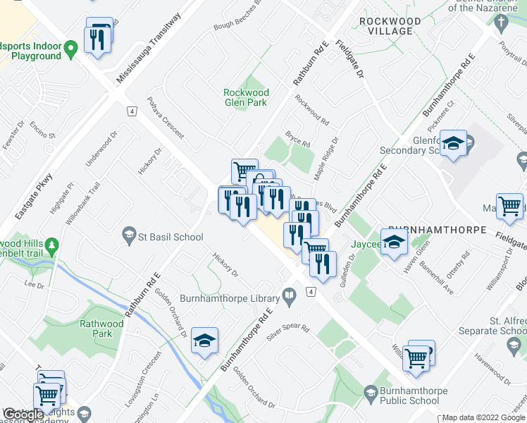 map of restaurants, bars, coffee shops, grocery stores, and more near 4141 Dixie Road in Mississauga