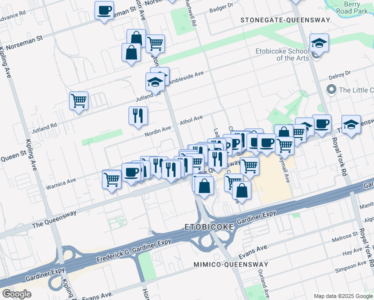 map of restaurants, bars, coffee shops, grocery stores, and more near 1 Inverness Avenue in Toronto