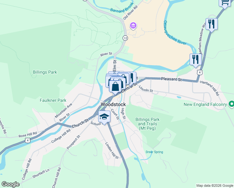 map of restaurants, bars, coffee shops, grocery stores, and more near 20 Central Street in Woodstock