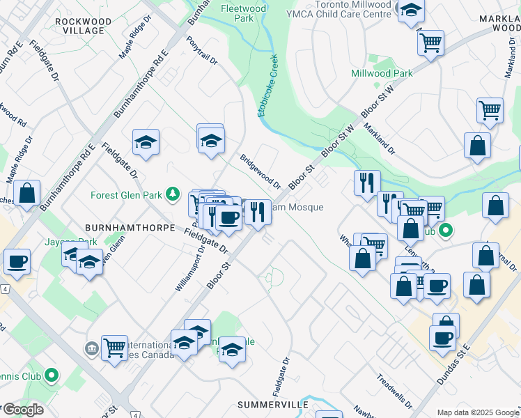map of restaurants, bars, coffee shops, grocery stores, and more near 1785 Bloor Street in Mississauga