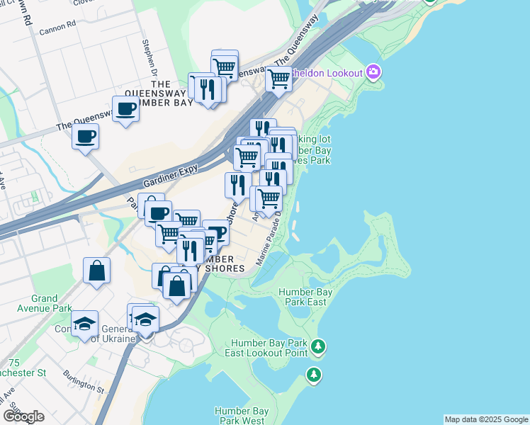 map of restaurants, bars, coffee shops, grocery stores, and more near in Toronto
