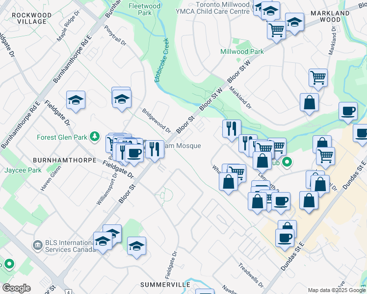 map of restaurants, bars, coffee shops, grocery stores, and more near in Mississauga