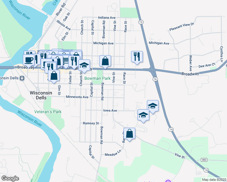map of restaurants, bars, coffee shops, grocery stores, and more near 915 Washington Avenue in Wisconsin Dells