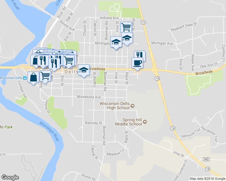 map of restaurants, bars, coffee shops, grocery stores, and more near 617 Vine Street in Wisconsin Dells