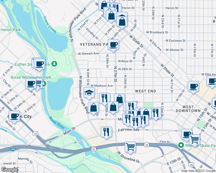 map of restaurants, bars, coffee shops, grocery stores, and more near 2715 West Pleasanton Avenue in Boise