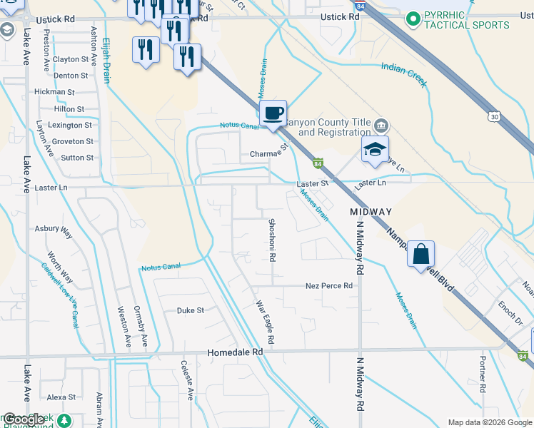map of restaurants, bars, coffee shops, grocery stores, and more near 4813 Maid Jessica Street in Caldwell