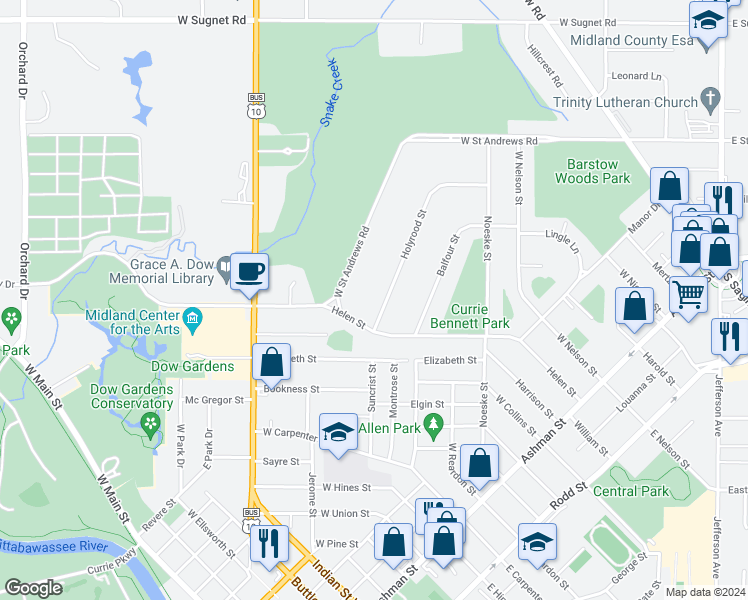 map of restaurants, bars, coffee shops, grocery stores, and more near 1228 Holyrood Street in Midland