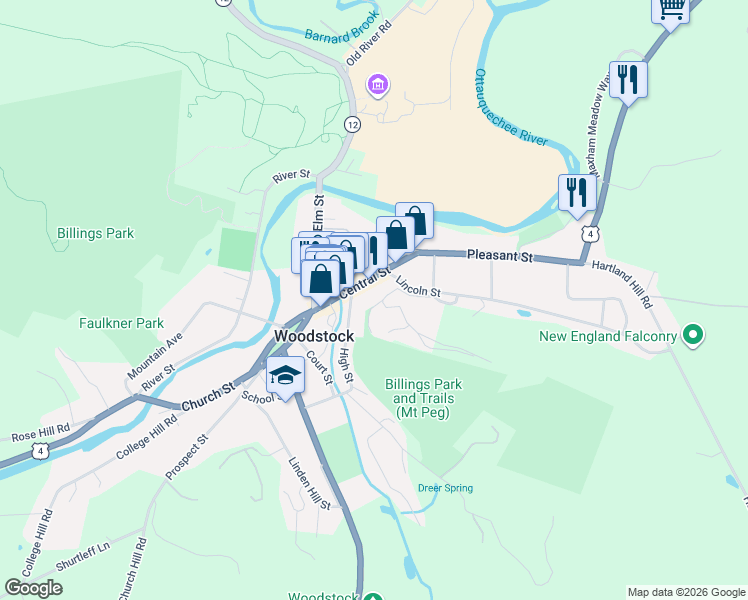 map of restaurants, bars, coffee shops, grocery stores, and more near 65 Central Street in Woodstock