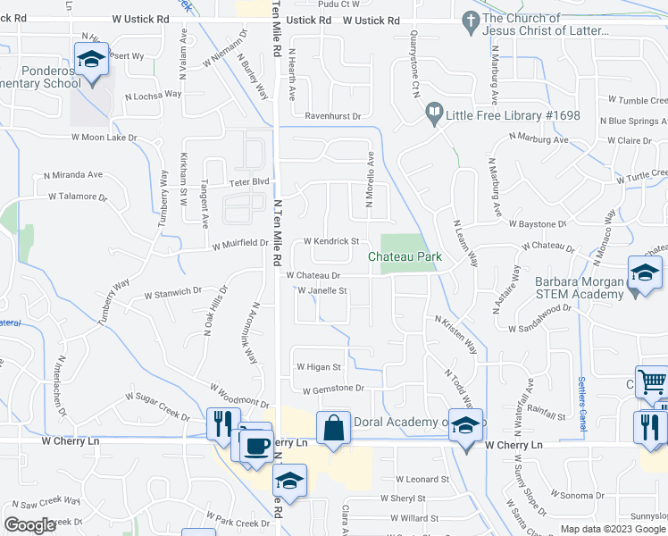 map of restaurants, bars, coffee shops, grocery stores, and more near 2999 West Bonner Street in Meridian
