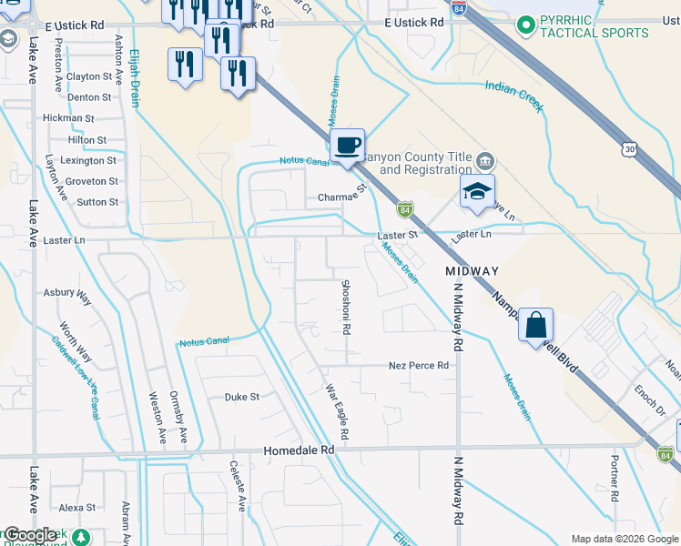 map of restaurants, bars, coffee shops, grocery stores, and more near 4813 Maid Jessica Street in Caldwell