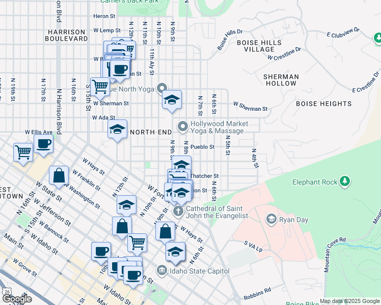 map of restaurants, bars, coffee shops, grocery stores, and more near 1304 North 8th Street in Boise