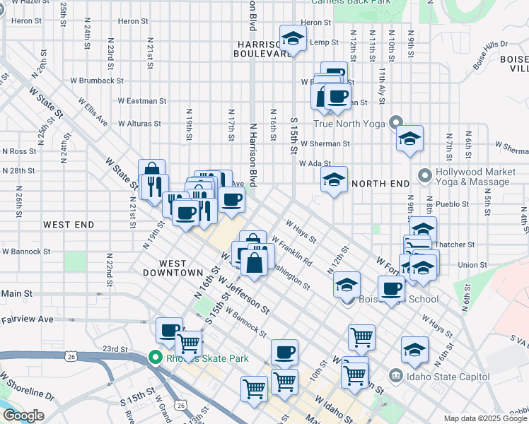 map of restaurants, bars, coffee shops, grocery stores, and more near 1606 West Hays Street in Boise