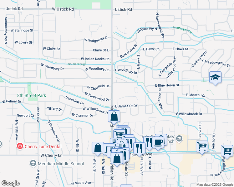 map of restaurants, bars, coffee shops, grocery stores, and more near 51 East Blue Heron Lane in Meridian
