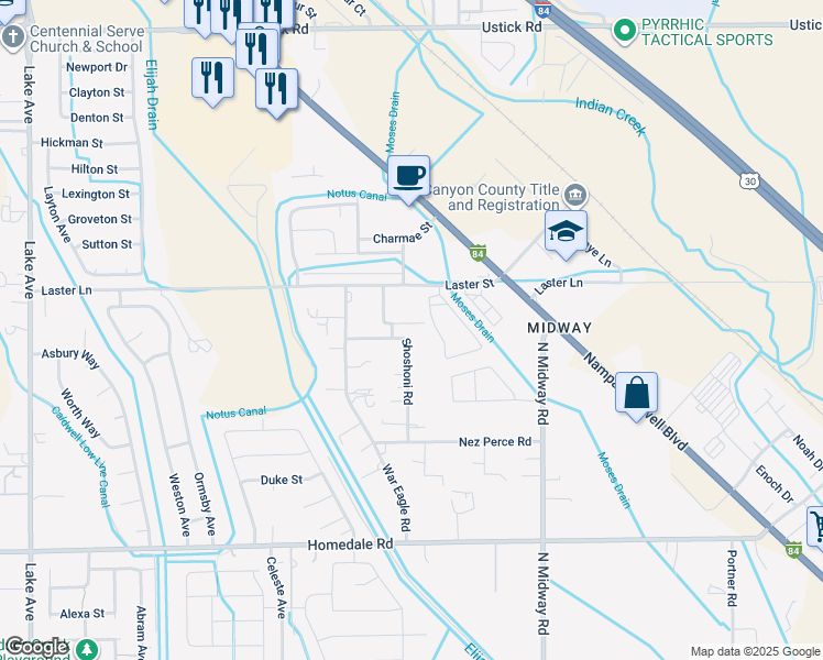 map of restaurants, bars, coffee shops, grocery stores, and more near 4813 Maid Jessica Street in Caldwell
