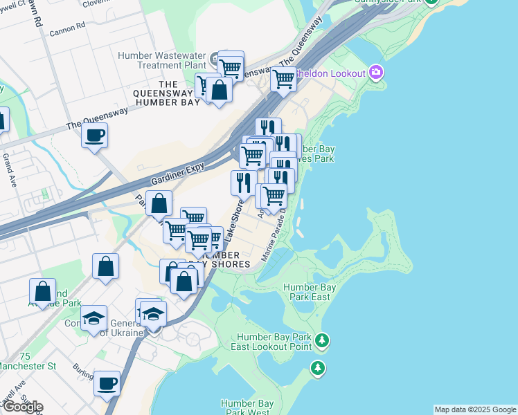 map of restaurants, bars, coffee shops, grocery stores, and more near 2143 Lake Shore Boulevard West in Toronto