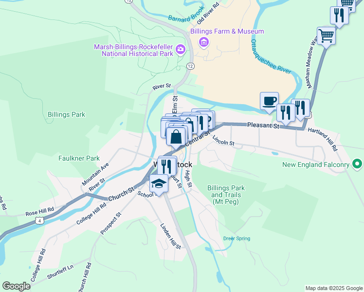 map of restaurants, bars, coffee shops, grocery stores, and more near 37 U.S. 4 in Woodstock