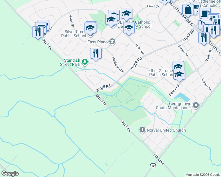 map of restaurants, bars, coffee shops, grocery stores, and more near 14040 Argyll Road in Halton Hills