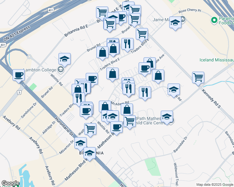 map of restaurants, bars, coffee shops, grocery stores, and more near 212 Watline Avenue in Mississauga