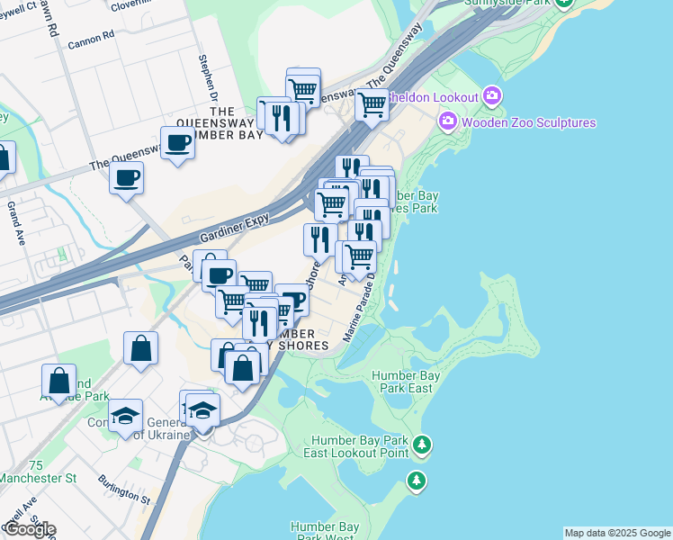 map of restaurants, bars, coffee shops, grocery stores, and more near 56 Annie Craig Drive in Toronto