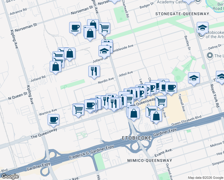 map of restaurants, bars, coffee shops, grocery stores, and more near in Toronto