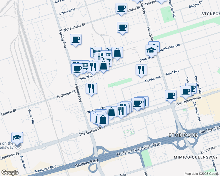 map of restaurants, bars, coffee shops, grocery stores, and more near 56 Brawley Avenue in Toronto