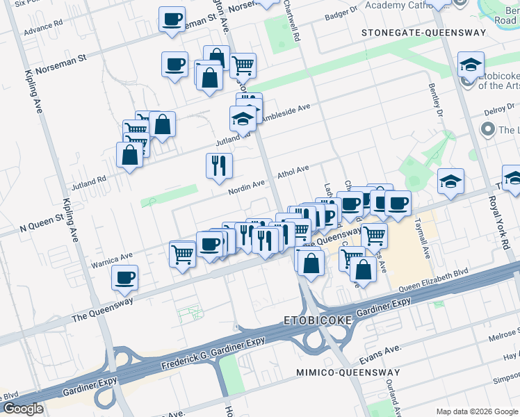 map of restaurants, bars, coffee shops, grocery stores, and more near 4 Bradbrook Road in Toronto