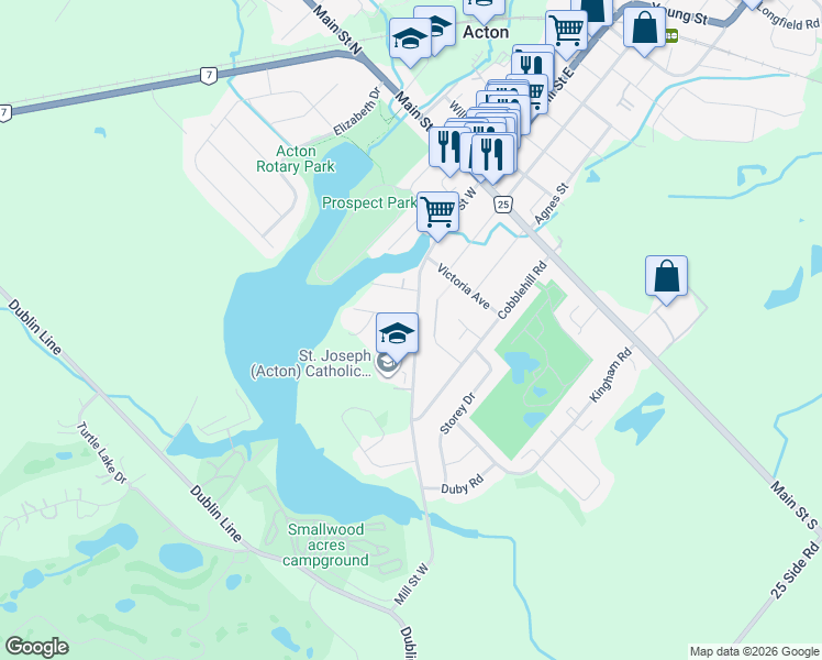map of restaurants, bars, coffee shops, grocery stores, and more near 123 Mill Street West in Acton