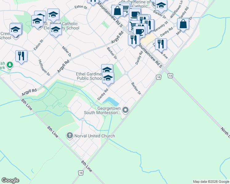 map of restaurants, bars, coffee shops, grocery stores, and more near 26 Silver Pond Drive in Halton Hills