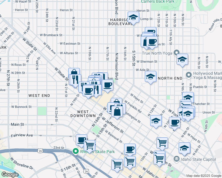 map of restaurants, bars, coffee shops, grocery stores, and more near 711 North 17th Street in Boise