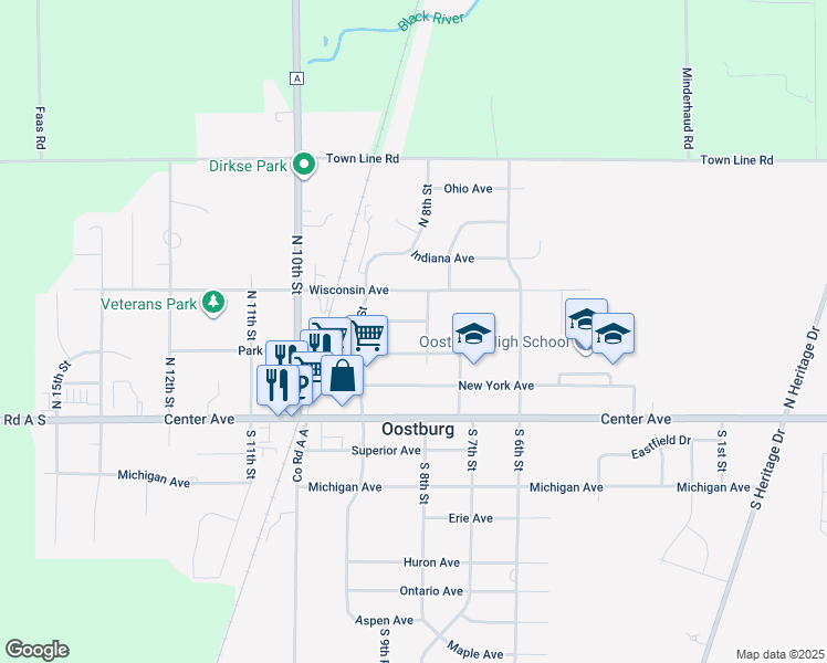 map of restaurants, bars, coffee shops, grocery stores, and more near 840 Illinois Avenue in Oostburg