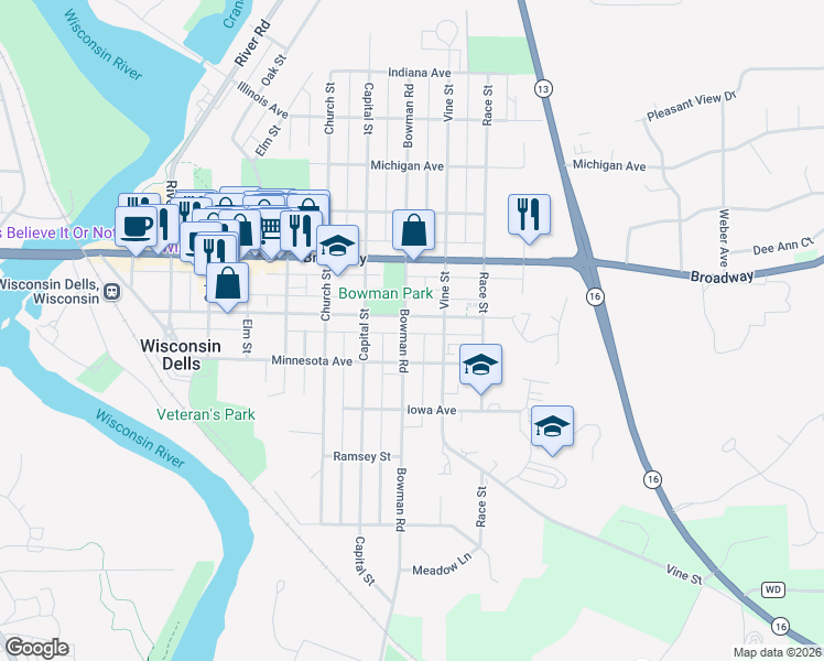 map of restaurants, bars, coffee shops, grocery stores, and more near 807 Washington Avenue in Wisconsin Dells