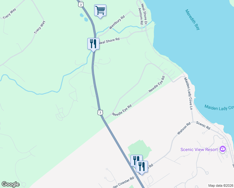 map of restaurants, bars, coffee shops, grocery stores, and more near 23 Needle Eye Road in Meredith