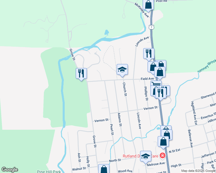 map of restaurants, bars, coffee shops, grocery stores, and more near 68 Field Avenue in Rutland
