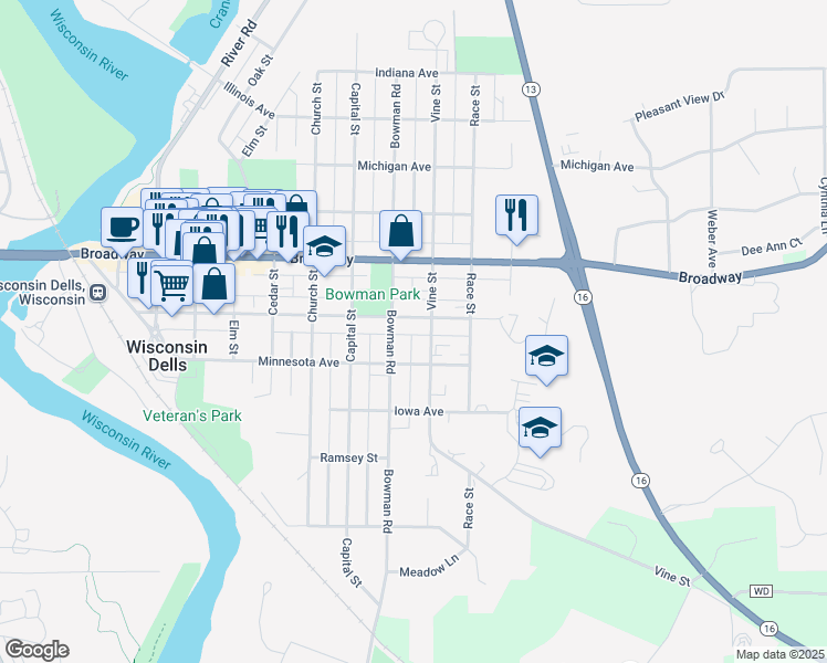map of restaurants, bars, coffee shops, grocery stores, and more near 623 Vine Street in Wisconsin Dells