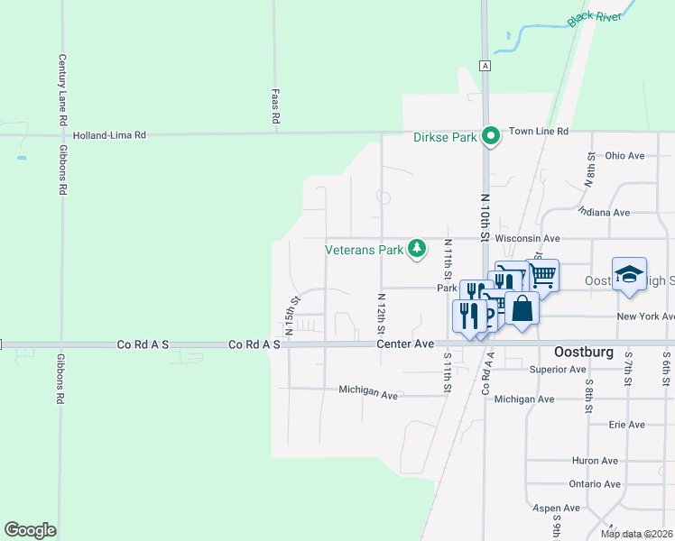 map of restaurants, bars, coffee shops, grocery stores, and more near 1233 Wisconsin Avenue in Oostburg