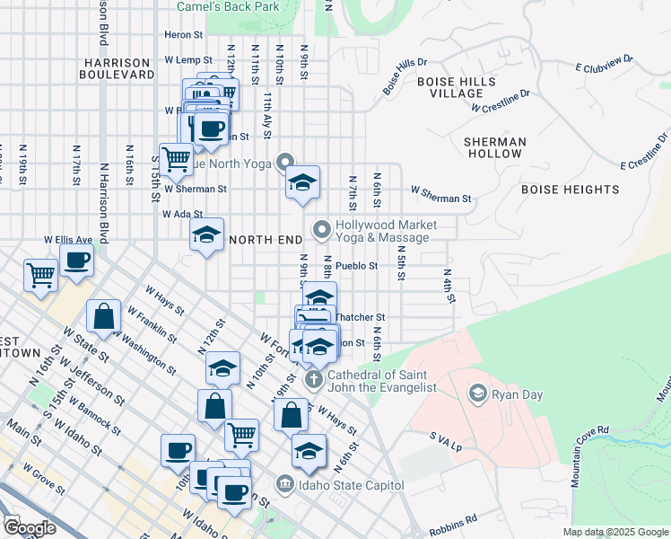 map of restaurants, bars, coffee shops, grocery stores, and more near 1304 North 8th Street in Boise