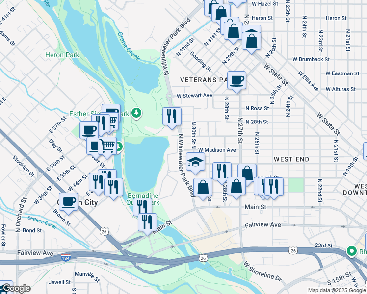 map of restaurants, bars, coffee shops, grocery stores, and more near 3019 West Pleasanton Avenue in Boise