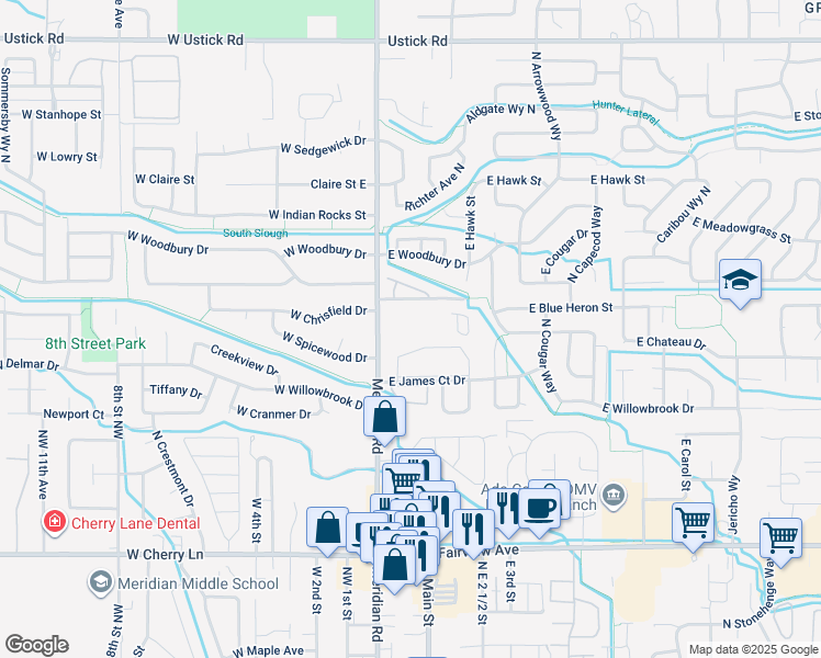 map of restaurants, bars, coffee shops, grocery stores, and more near 51 East Blue Heron Lane in Meridian