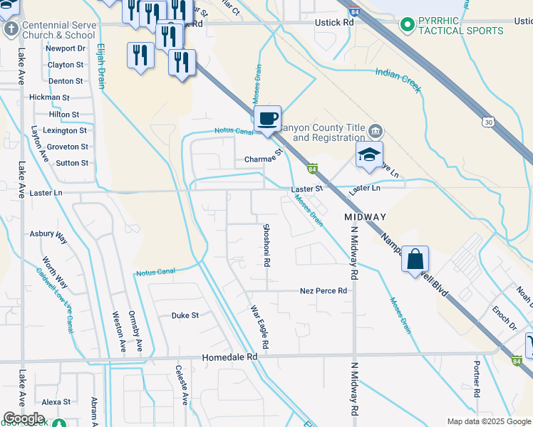 map of restaurants, bars, coffee shops, grocery stores, and more near 4813 Maid Jessica Street in Caldwell