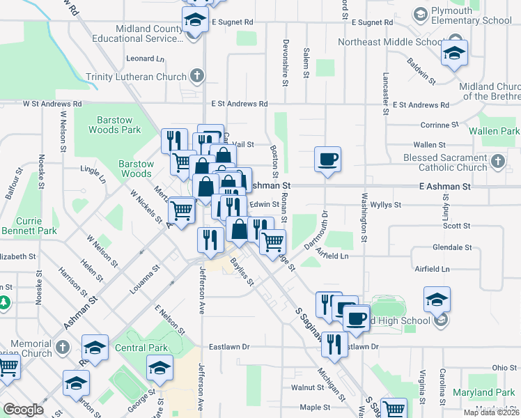 map of restaurants, bars, coffee shops, grocery stores, and more near 323 Edwin Street in Midland