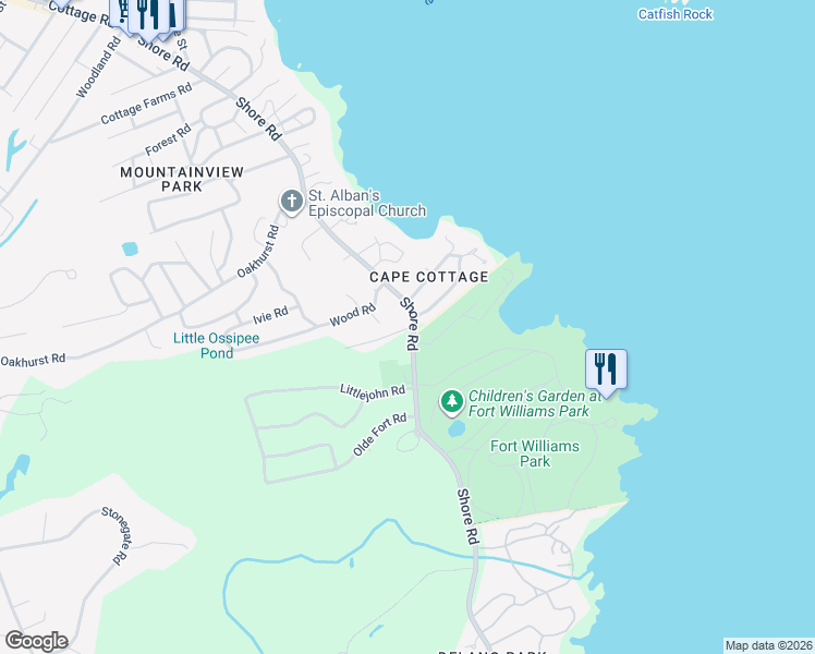 map of restaurants, bars, coffee shops, grocery stores, and more near 974 Shore Road in Cape Elizabeth