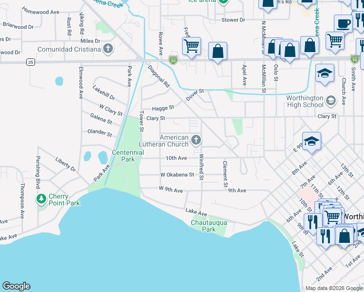 map of restaurants, bars, coffee shops, grocery stores, and more near 311 West 11th Avenue in Worthington