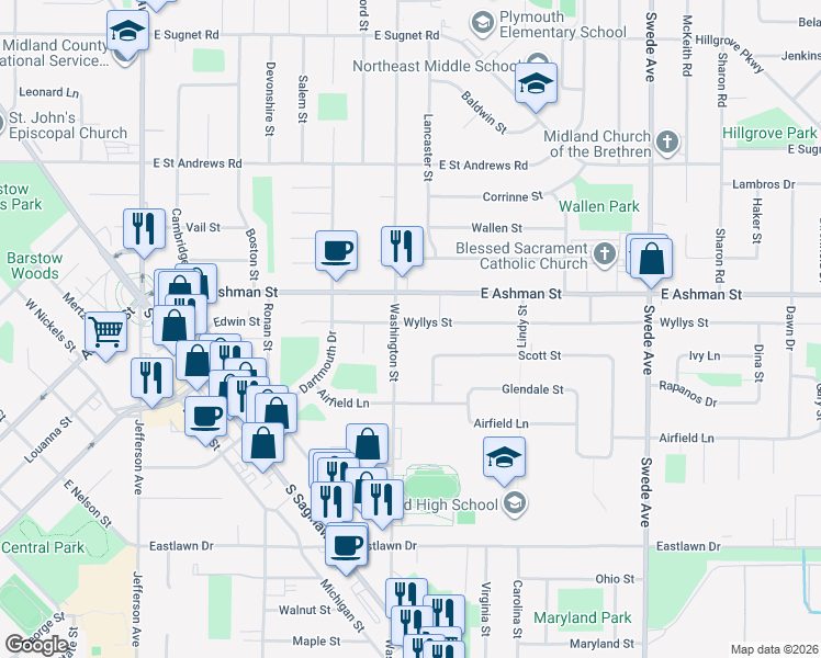 map of restaurants, bars, coffee shops, grocery stores, and more near 905 Wyllys Street in Midland