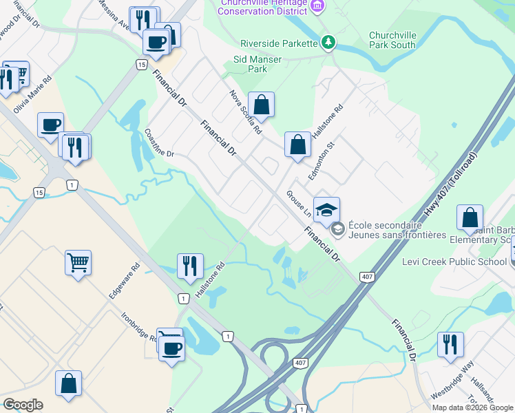map of restaurants, bars, coffee shops, grocery stores, and more near 162 Coastline Drive in Brampton