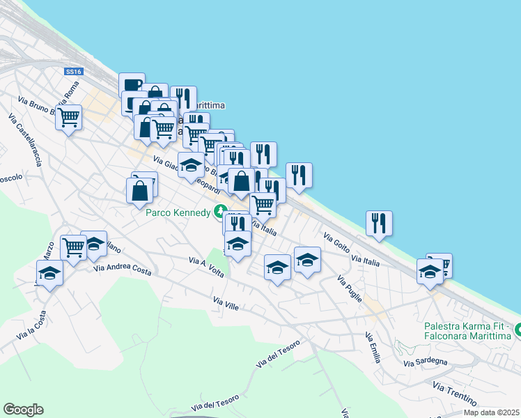 map of restaurants, bars, coffee shops, grocery stores, and more near 4A Piazza Europa in Falconara Marittima