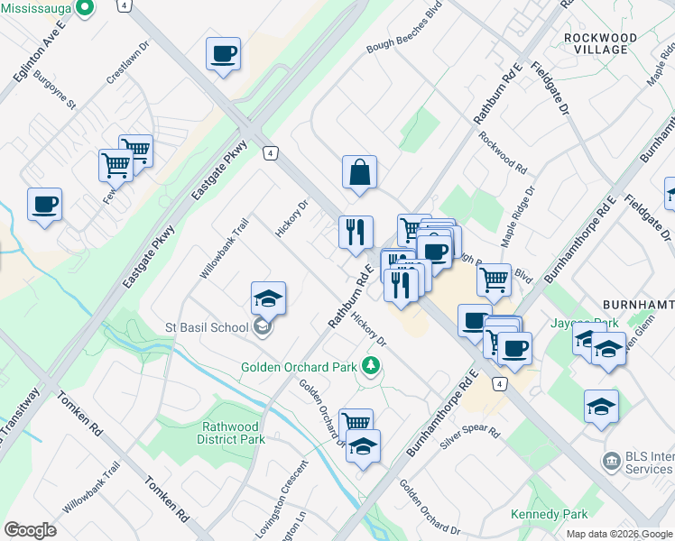 map of restaurants, bars, coffee shops, grocery stores, and more near 1355 Rathburn Road East in Mississauga