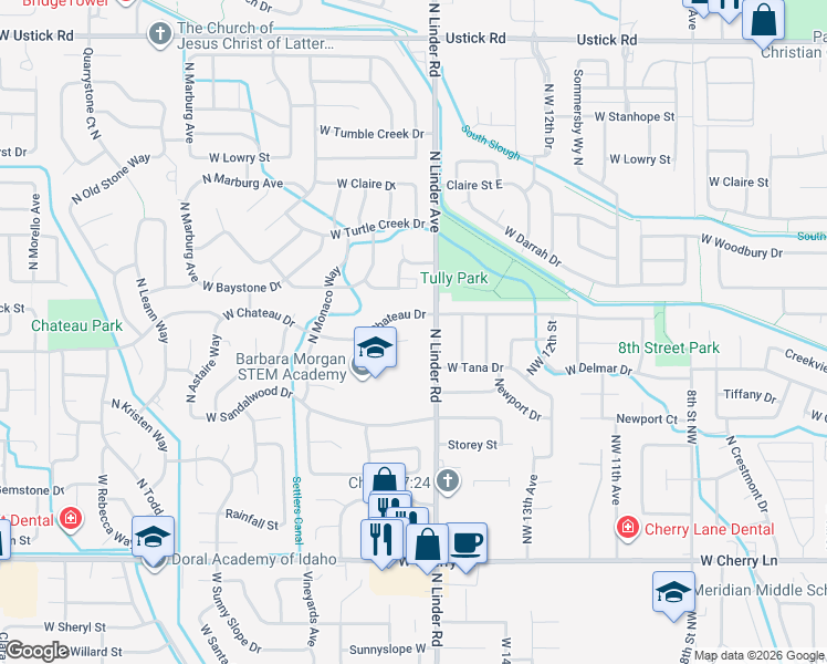 map of restaurants, bars, coffee shops, grocery stores, and more near 1711 West Chateau Drive in Meridian